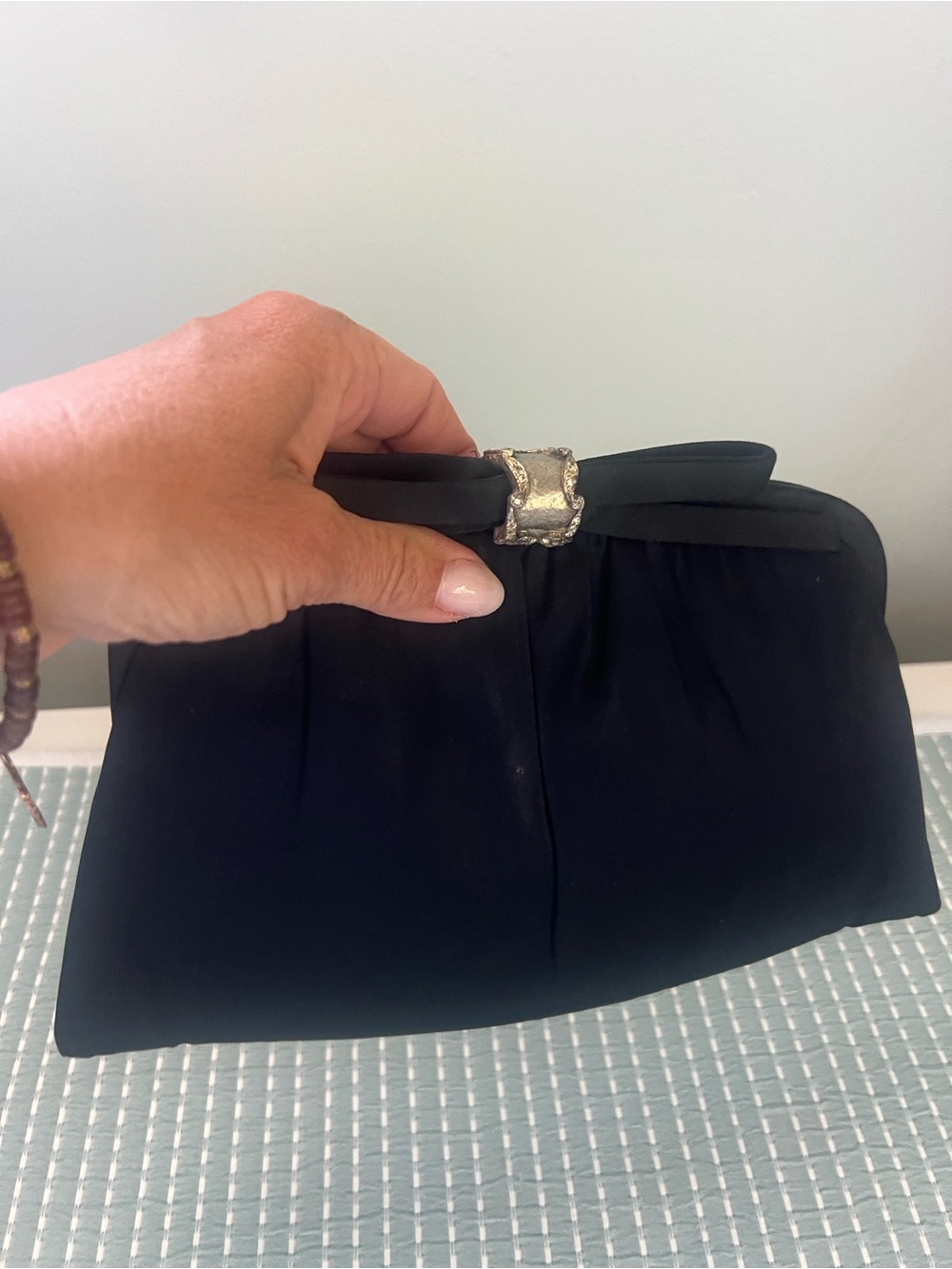 Vintage  Black Satin Evening Clutch with Silver clasp and satin bow